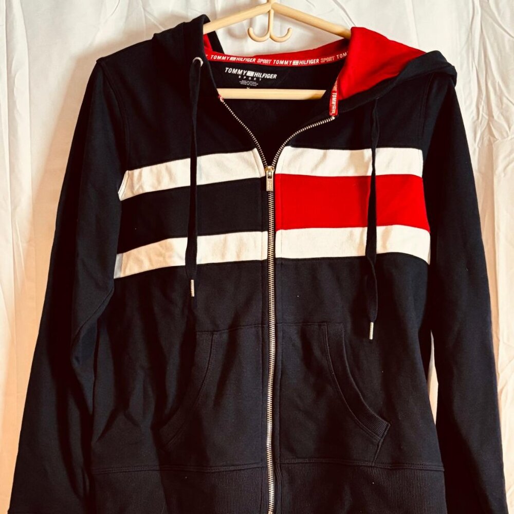 Tommy Hilfiger Women’s Full Zip Hoodie Navy Red White Striped Trim (M)